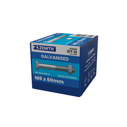 Zenith Hot Dip Galvanised Hex Head Bolts - M8 x 60mm - 25 Pack
