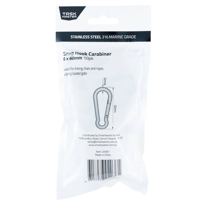 Taskmaster Stainless Steel Snap Hook - 6 x 60mm - 10 Pack
