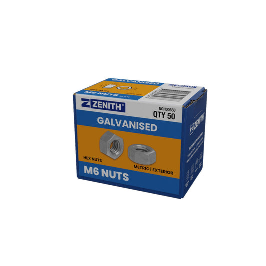 Zenith Hot Dip Galvanised Metric Exterior Hex Nuts M6 50 Pack