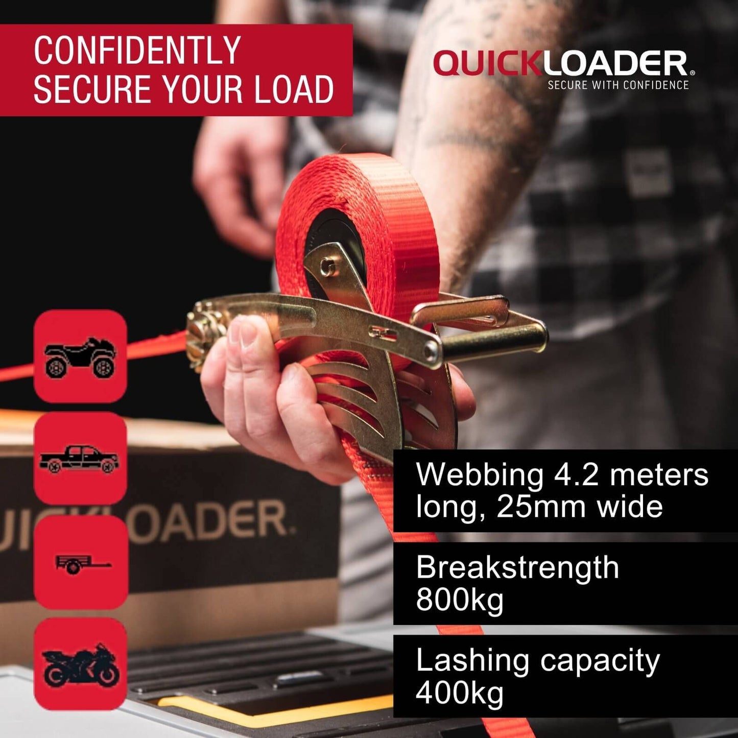 Quickloader Retractable Ratchet Tie Down Strap - 2m - 25mm - 400kg - 2 Pack - Red