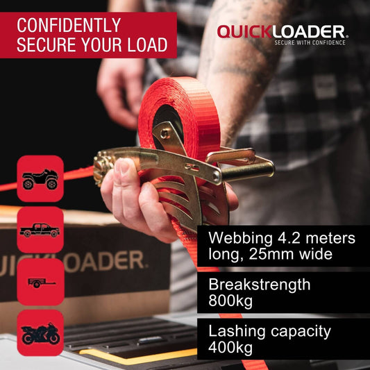 Quickloader Retractable Ratchet Tie Down Strap - 2m - 25mm - 400kg - 2 Pack - Red