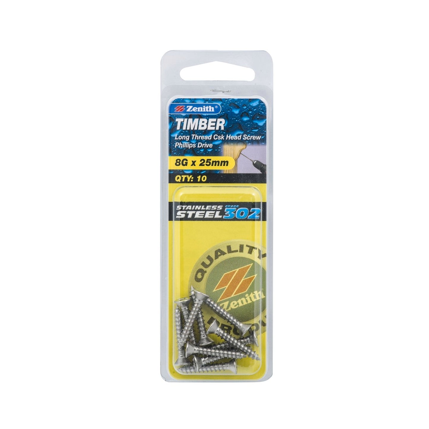 Zenith Long Thread Countersunk Head Timber Screws - 8g x 25mm - 10 Pack