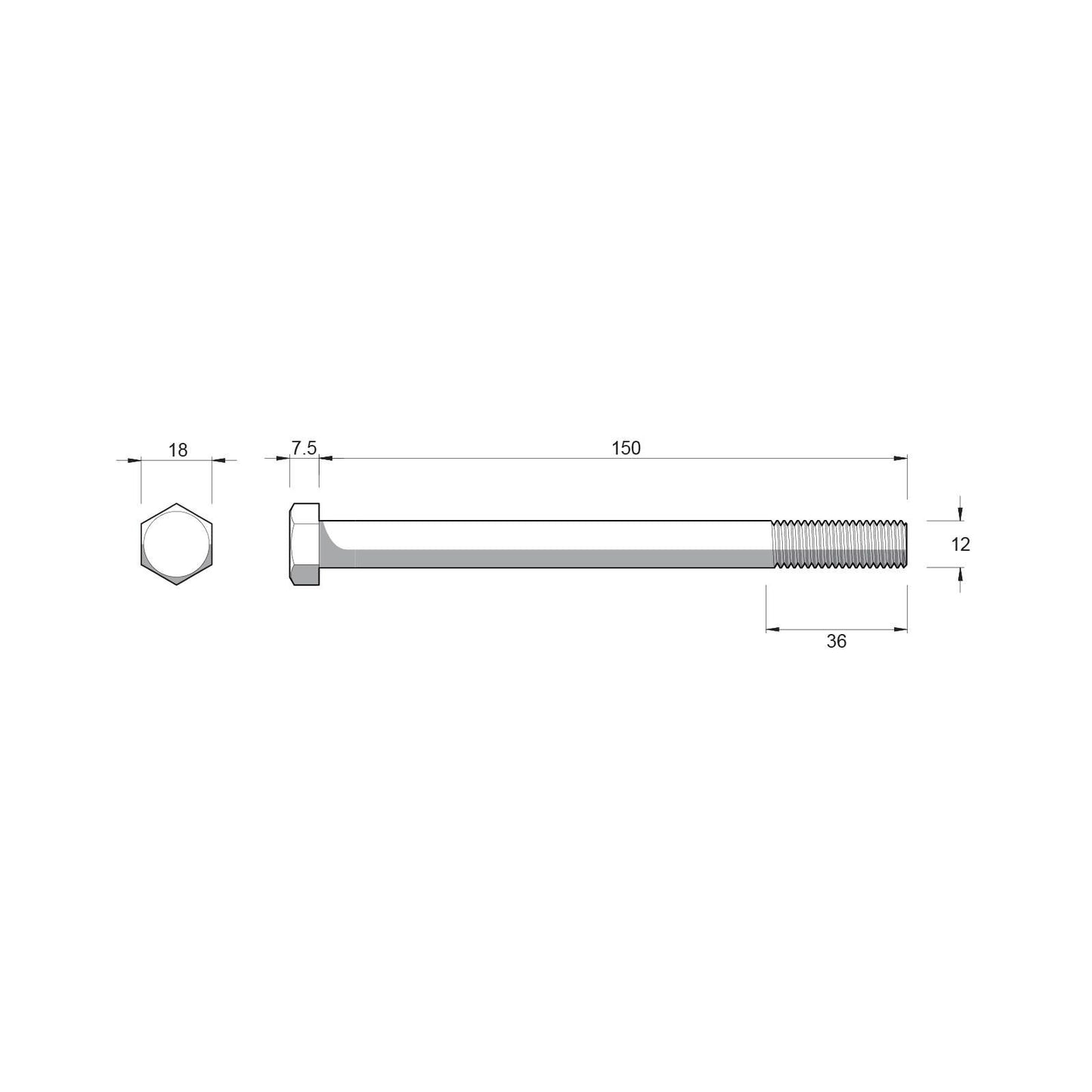 Zenith Hex Head Bolt - M12 x 150mm - Stainless Steel 304 - 25 Pack