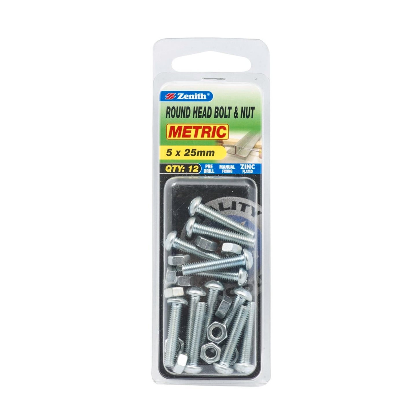 Zenith Bolt & Nut - M5 x 25mm - Round Head - 12 Pack