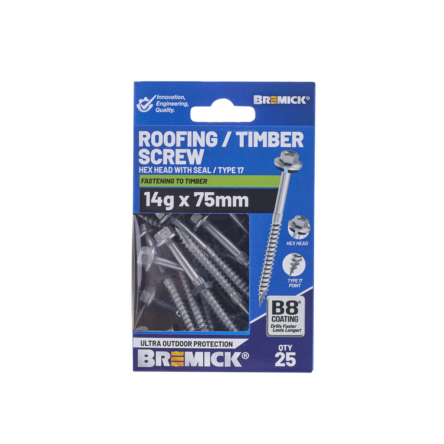 Bremick Hex Timber Screw - 14g x 75mm - B8 - 25 Pack