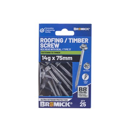 Bremick Hex Timber Screw - 14g x 75mm - B8 - 25 Pack