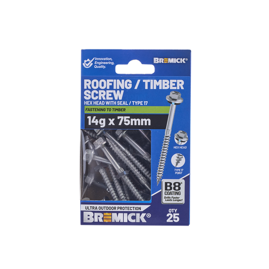 Bremick Hex Timber Screw - 14g x 75mm - B8 - 25 Pack