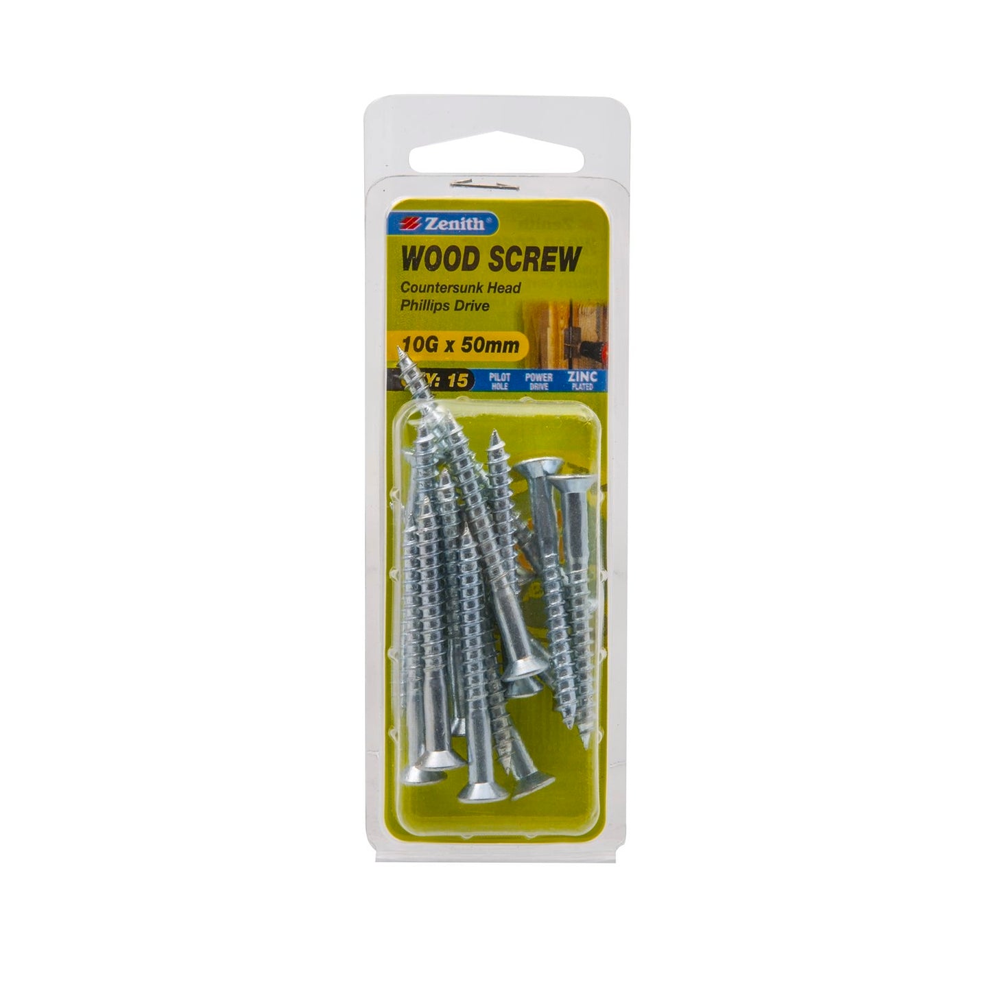 Zenith Countersunk Head Wood Screws - 10g x 50mm - Zinc - 15 Pack
