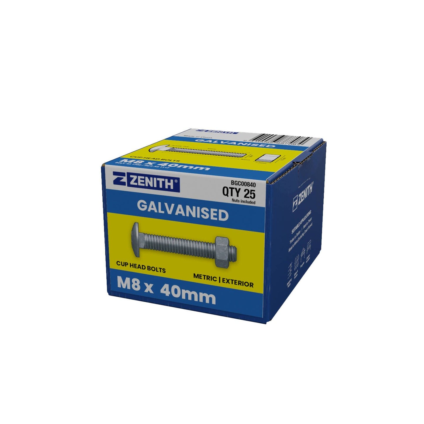 Zenith M8 x 40mm - Hot Dip Galvanised Cup Head Bolts & Nuts - 25 Pack