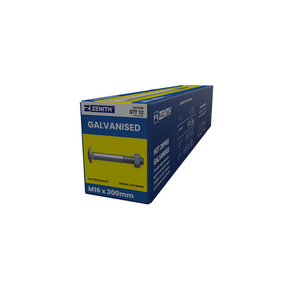 Zenith M16 x 300mm - Hot Dip Galvanised Cup Head Bolts & Nuts - 12 Pack