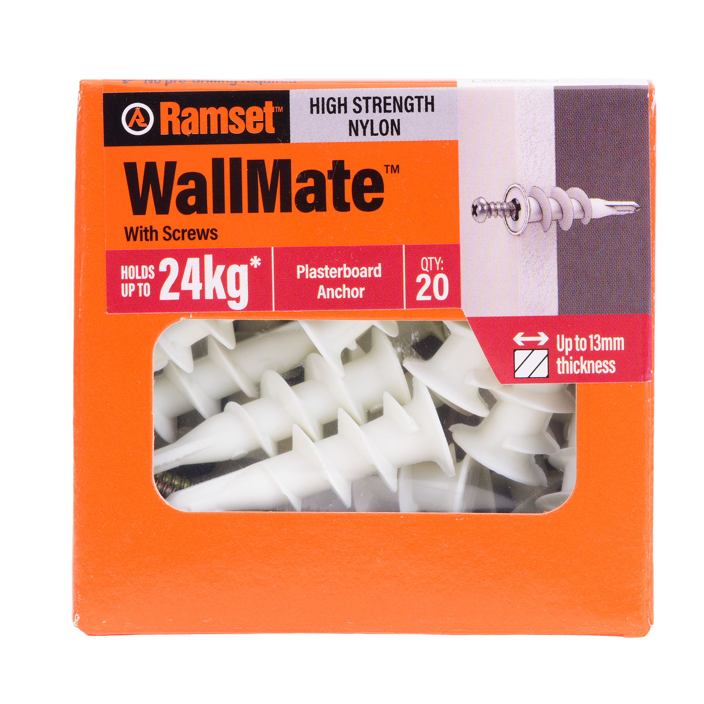 Ramset Nylon Wallmate Plasterboard Anchor with Screws - 75 x 70mm - 20 Pack