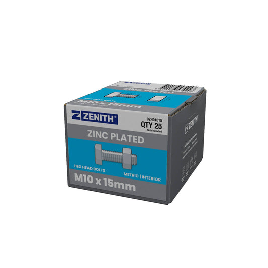 Zenith M10 Zinc Plated Hex Head Bolts and Nuts - 15mm - 25 Pack
