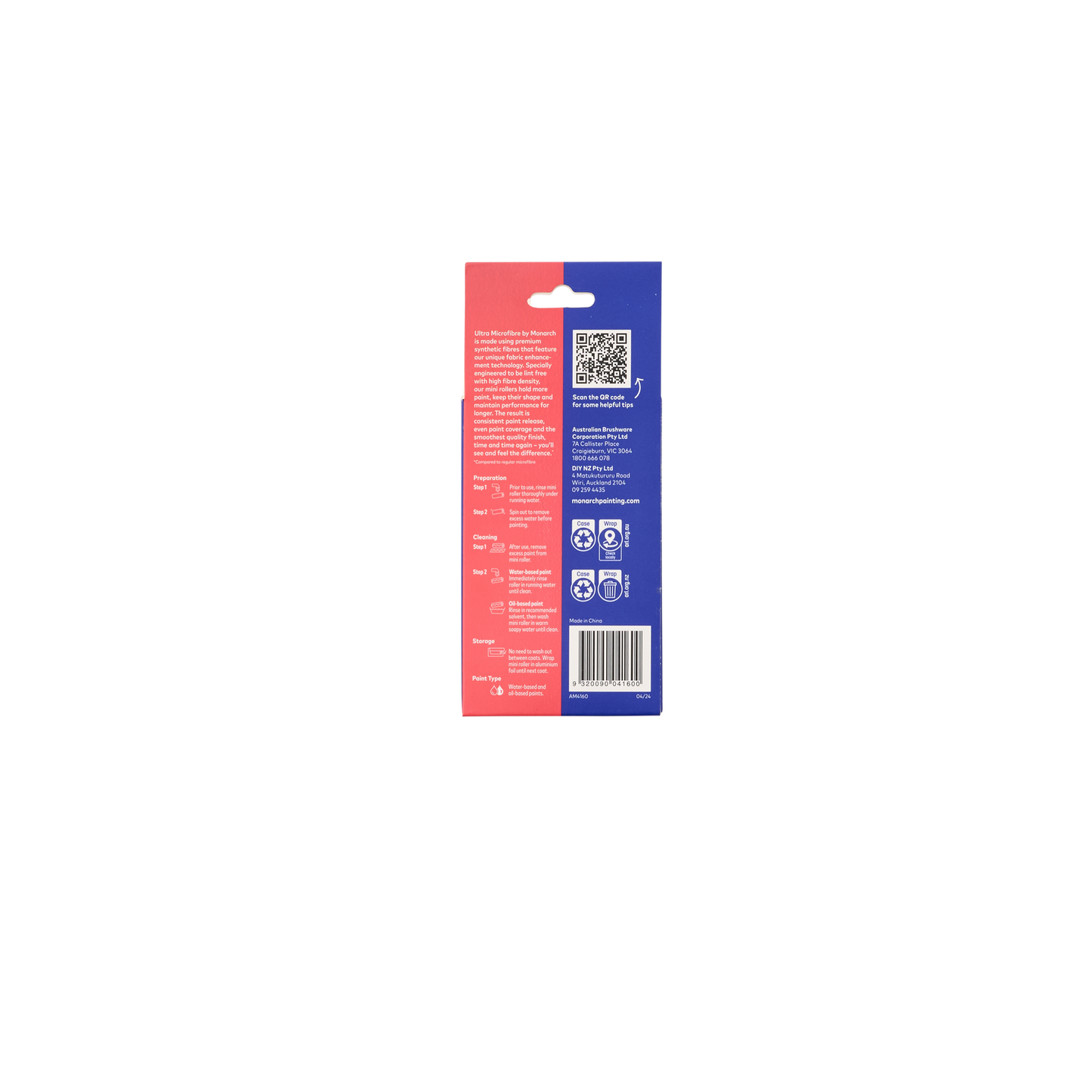 Monarch Mini Rollers Red 160mm/4mm Nap 2 Pack
