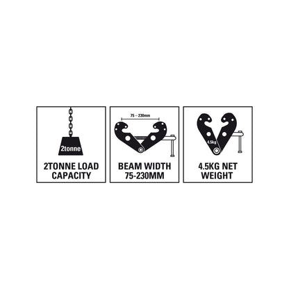 Gorilla 2T Girder Clamp - Steel - 90mm - Connection Point for Hoists