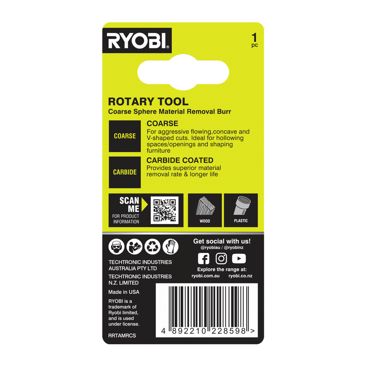 Ryobi Rotary Coarse Sphere Material Removal Burr - 51 x 21 x 101mm