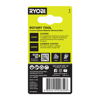 Ryobi Rotary Coarse Sphere Material Removal Burr - 51 x 21 x 101mm