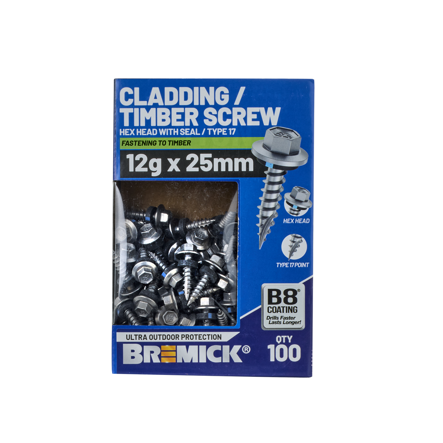 Bremick Hex Cladding Screw - 12g x 25mm - 100 Pack