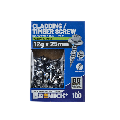 Bremick Hex Cladding Screw - 12g x 25mm - 100 Pack