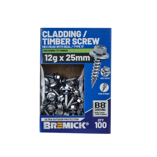 Bremick Hex Cladding Screw - 12g x 25mm - 100 Pack