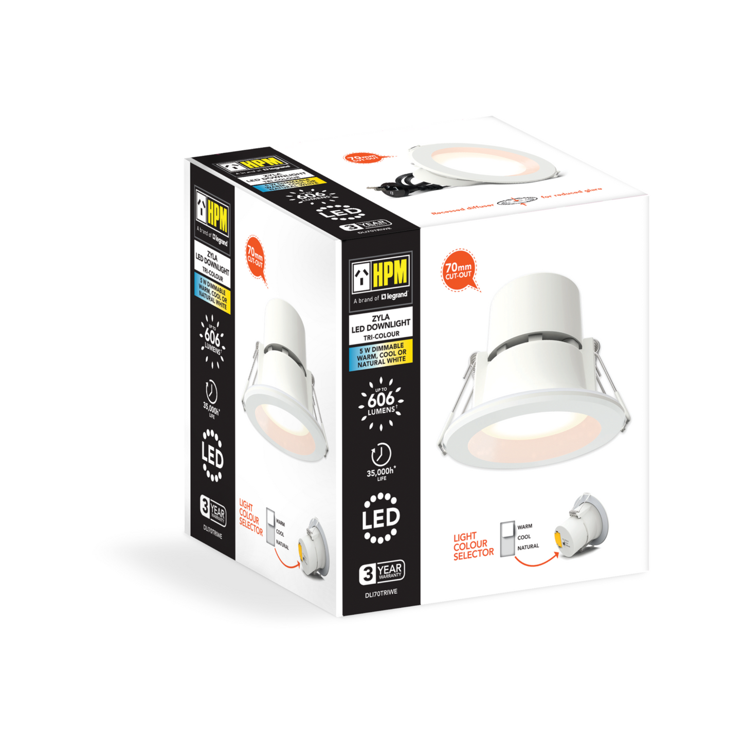 HPM Zyla Recessed Downlight - 70mm - 5W - Tri Colour
