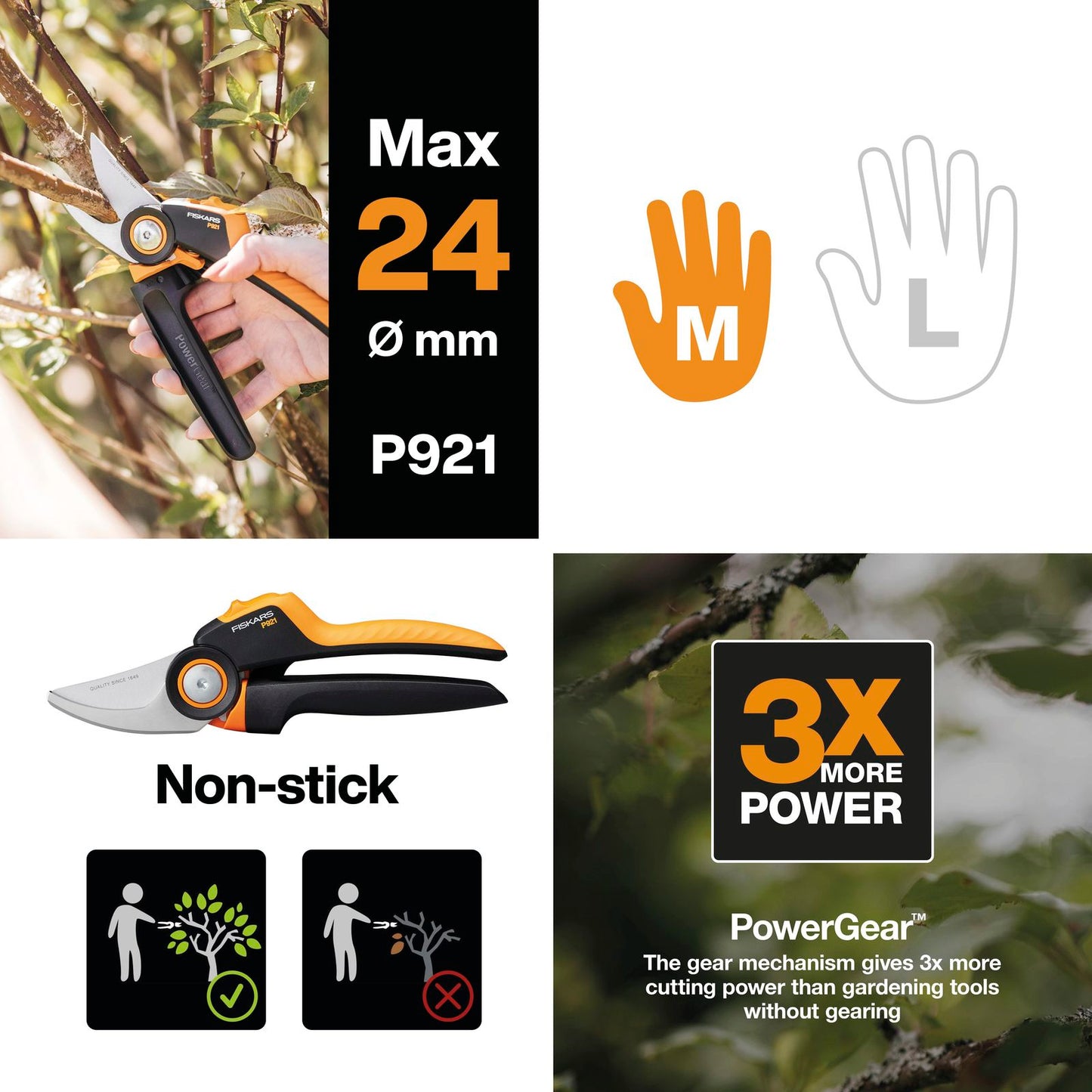 Fiskars Powergear Bypass Pruner - P921 - 201mm
