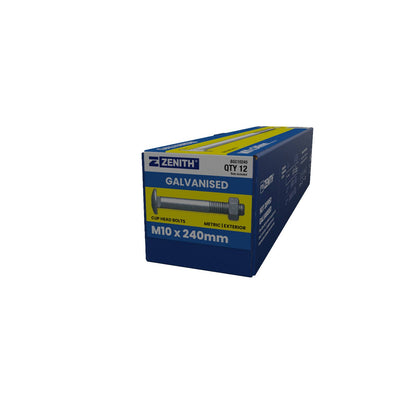 Zenith Cup Head Bolts - M10 x 240mm - Hot Dipped Galvanised - 12 Pack