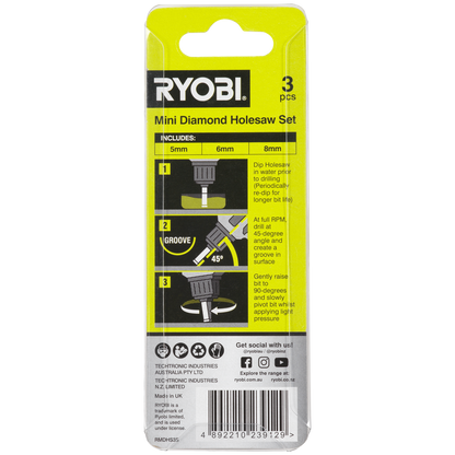 Ryobi Mini Diamond Holesaw Set - 5, 6, 8mm - 3 Piece