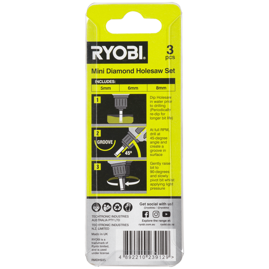 Ryobi Mini Diamond Holesaw Set - 5, 6, 8mm - 3 Piece