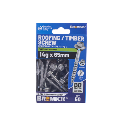 Bremick Hex Roofing Screw - 14g x 65mm - 50 Pack