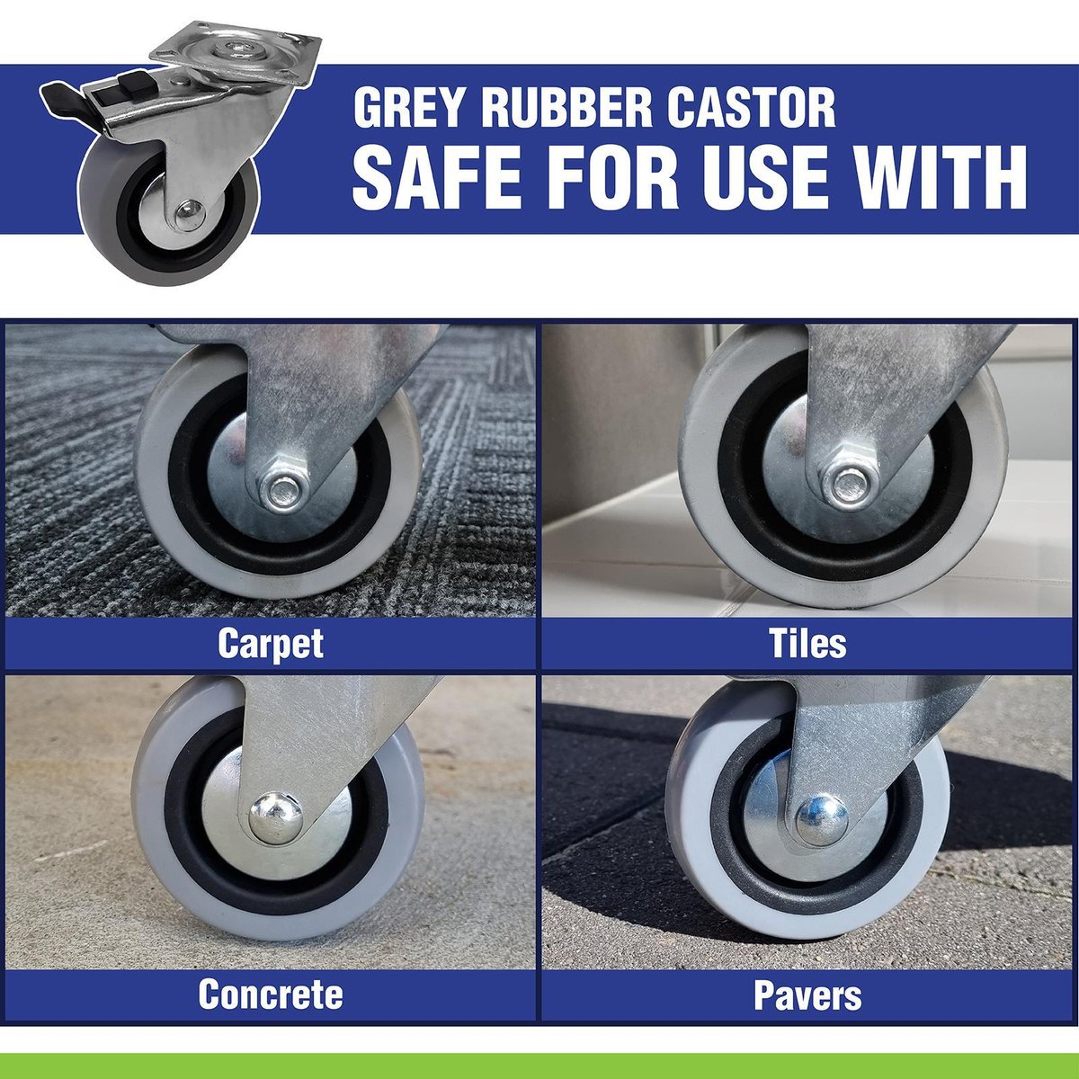 Easyroll 50mm Grey Rubber Swivel Castor 30kg Load Plus Brake