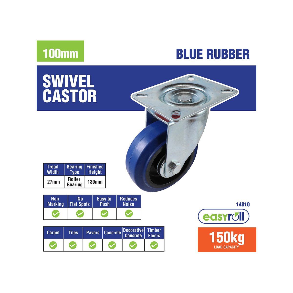 Easyroll Castor - 100mm - Blue Elastic Rubber - Heavy Duty