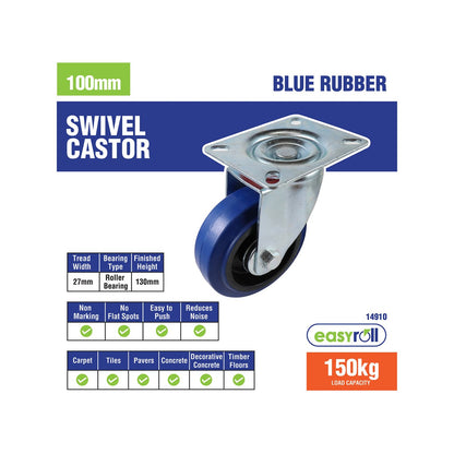 Easyroll Castor - 100mm - Blue Elastic Rubber - Heavy Duty