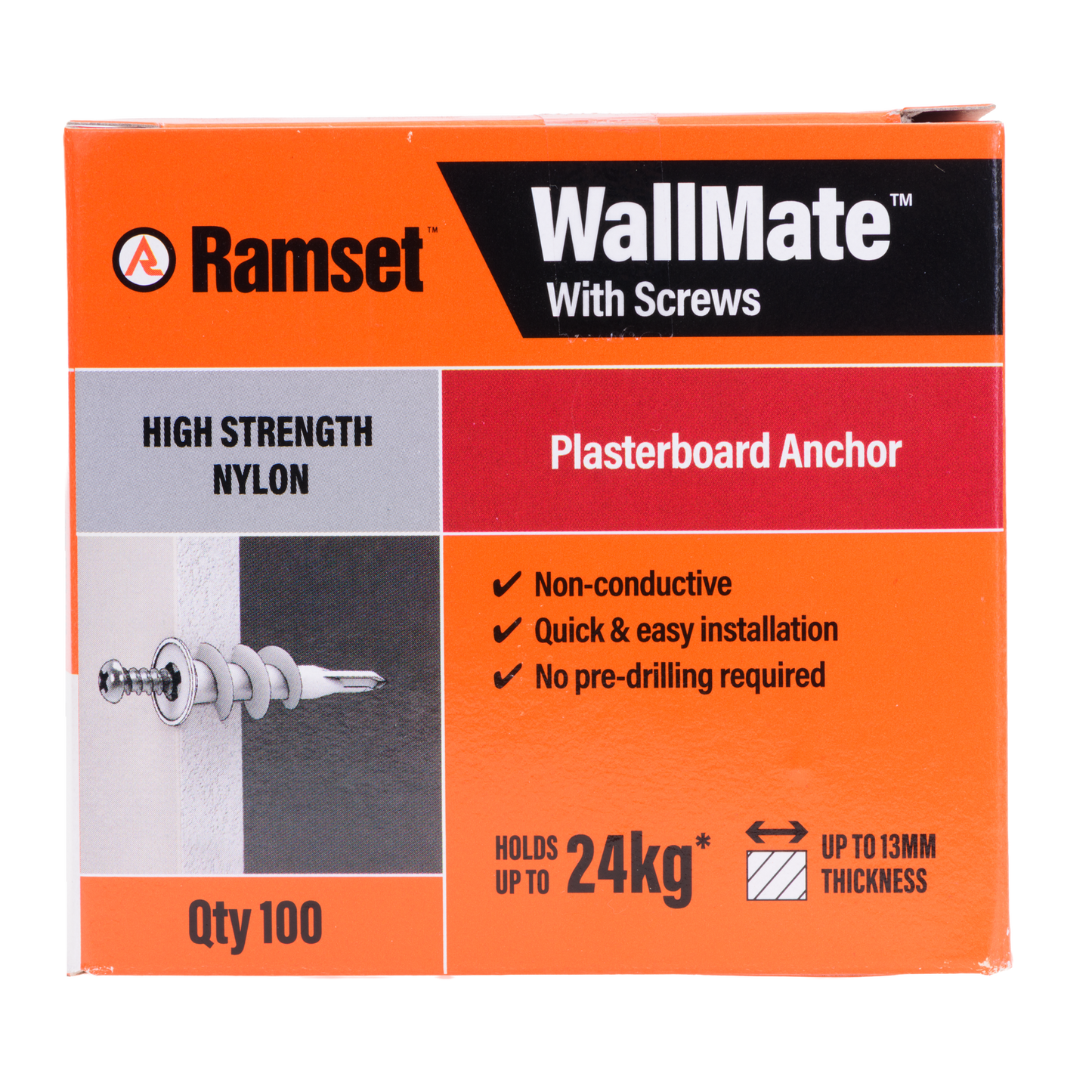 Ramset Nylon Wallmate Plasterboard Anchor with Screws - 75 x 70 x 40mm - 100 Pack