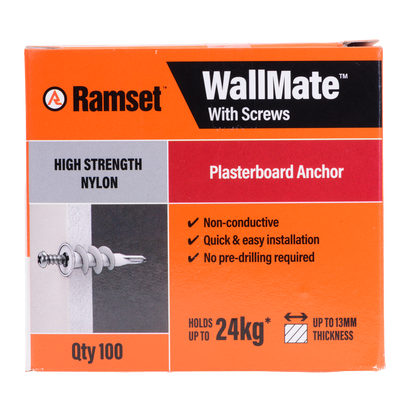 Ramset Nylon Wallmate Plasterboard Anchor with Screws - 75 x 70 x 40mm - 100 Pack