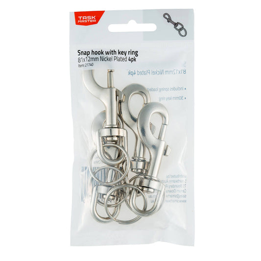 Taskmaster Nickel Plated Snap Hook with Key Ring - 81 x 12mm - 4 Pack