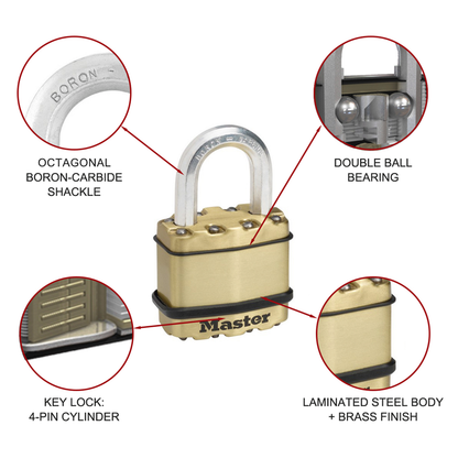 Master Lock Long Shackle Padlock - 50mm - Brass - Laminated Steel - Cut Resistant