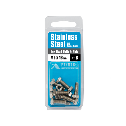 Pinnacle Hex Head Bolts - M5 x 16mm - Stainless Steel - 8 Pack