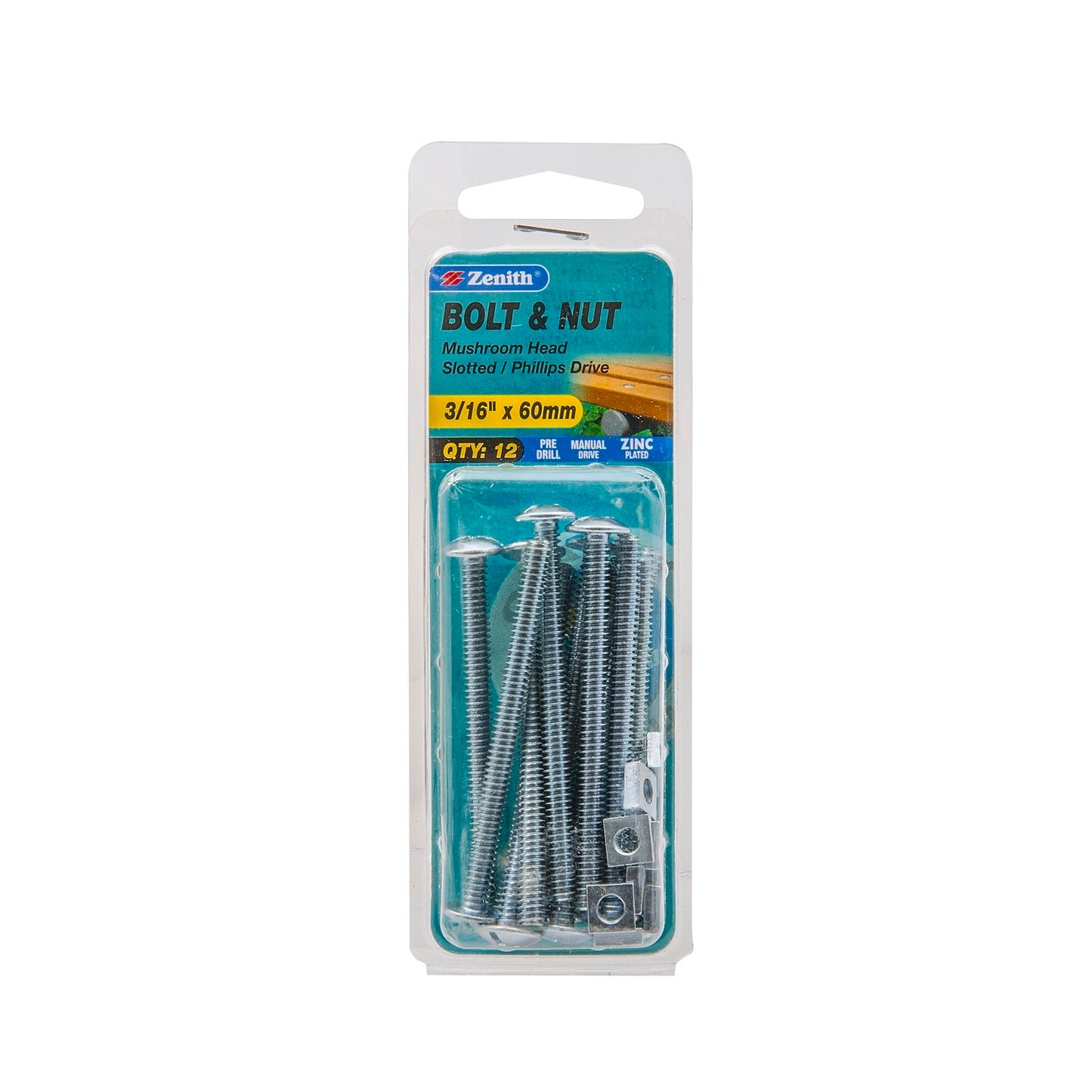 Zenith Mushroom Head Bolt & Nut - 3/16 x 60mm - 12 Pack