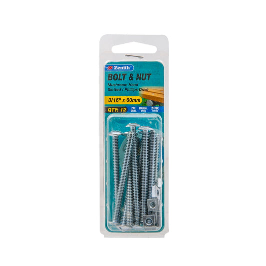 Zenith Mushroom Head Bolt & Nut - 3/16 x 60mm - 12 Pack