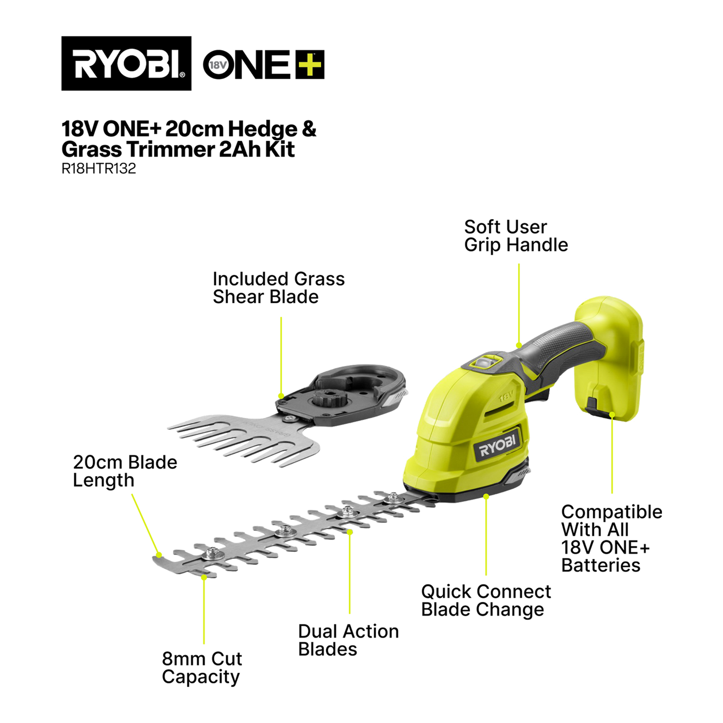 Ryobi 18V ONE+ 2.0Ah 217mm Hedge Grass Shears Kit - R18HTR132