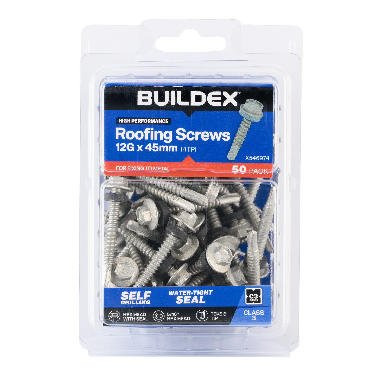 Buildex Roofing Teks Screws - 12g x 45mm - Class 3 - 50 Pack