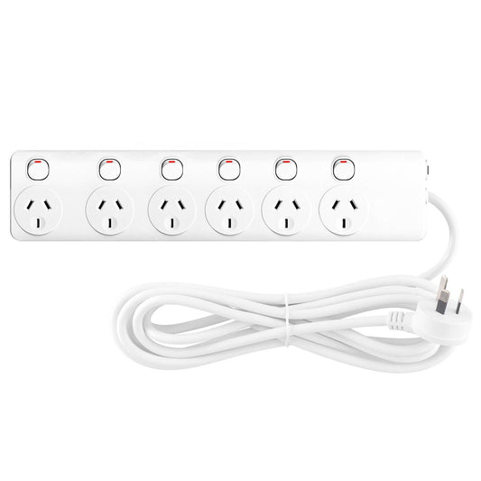 Arlec White Powerboard - 6 Outlet - 1.8m