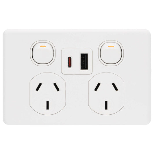 Deta Double Power Point x6 - 250mm - White - USB A+C PD20W