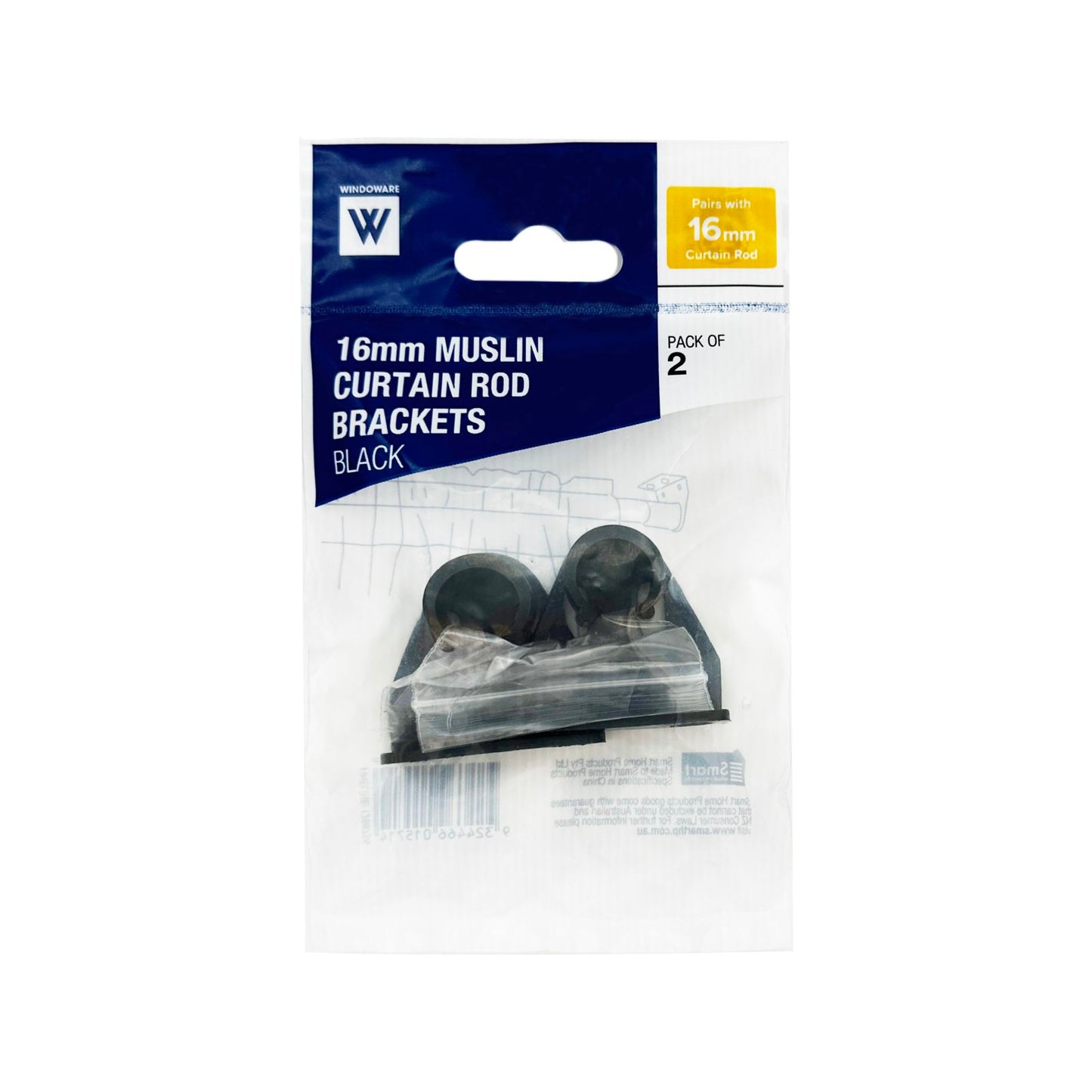 Windoware Black Curtain Rod Muslin Bracket - 16mm - 2 Pack