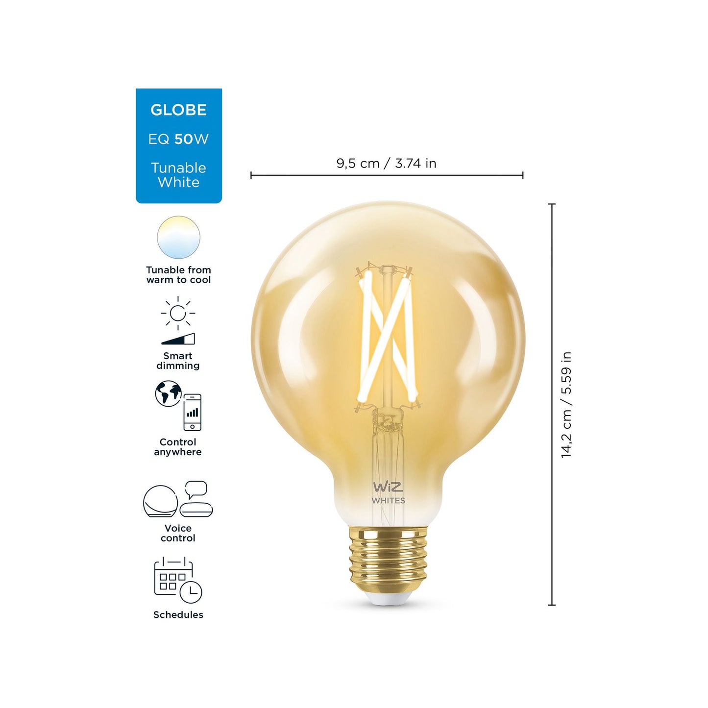 Wiz 640lm G95 E27 LED 7W Smart Filament Globe