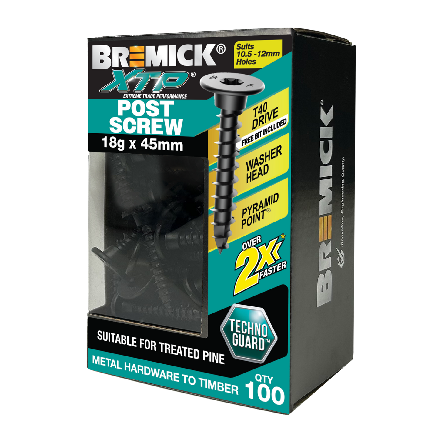 Bremick XTP Post Screw - 18g x 45mm - Techno Guard Black - 100 Pack