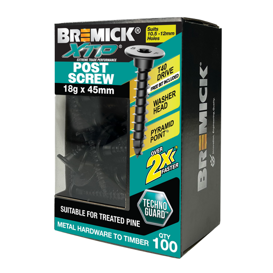 Bremick XTP Post Screw 18g x 45mm Technoguard Black T40 - 100 Pack