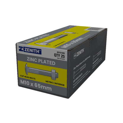Zenith M10 x 65mm Zinc Plated Cup Head Bolts and Nuts - 25 Pack