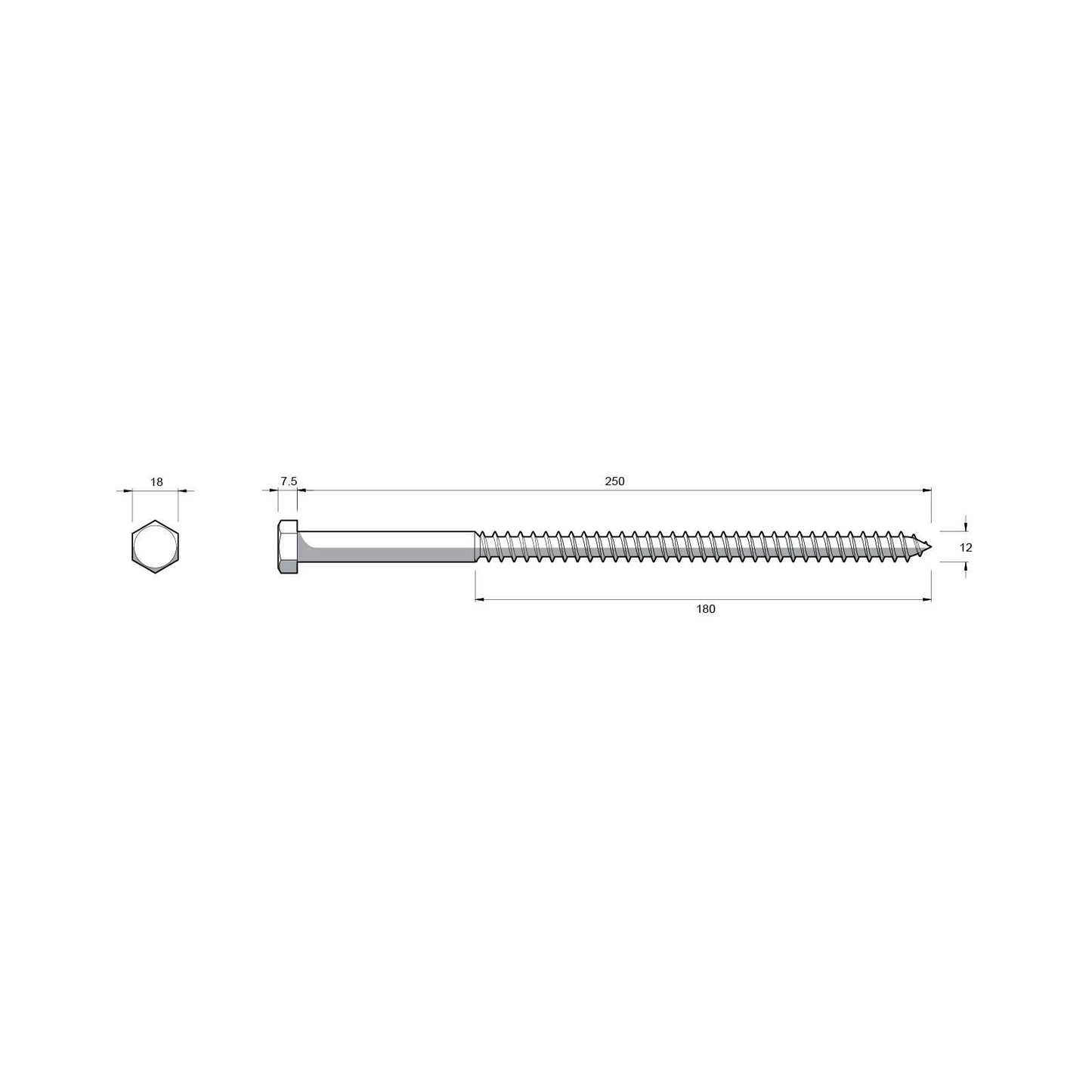 Zenith M12 Hex Head Coach Screws - 250mm - 12 Pack