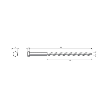 Zenith M12 Hex Head Coach Screws - 250mm - 12 Pack